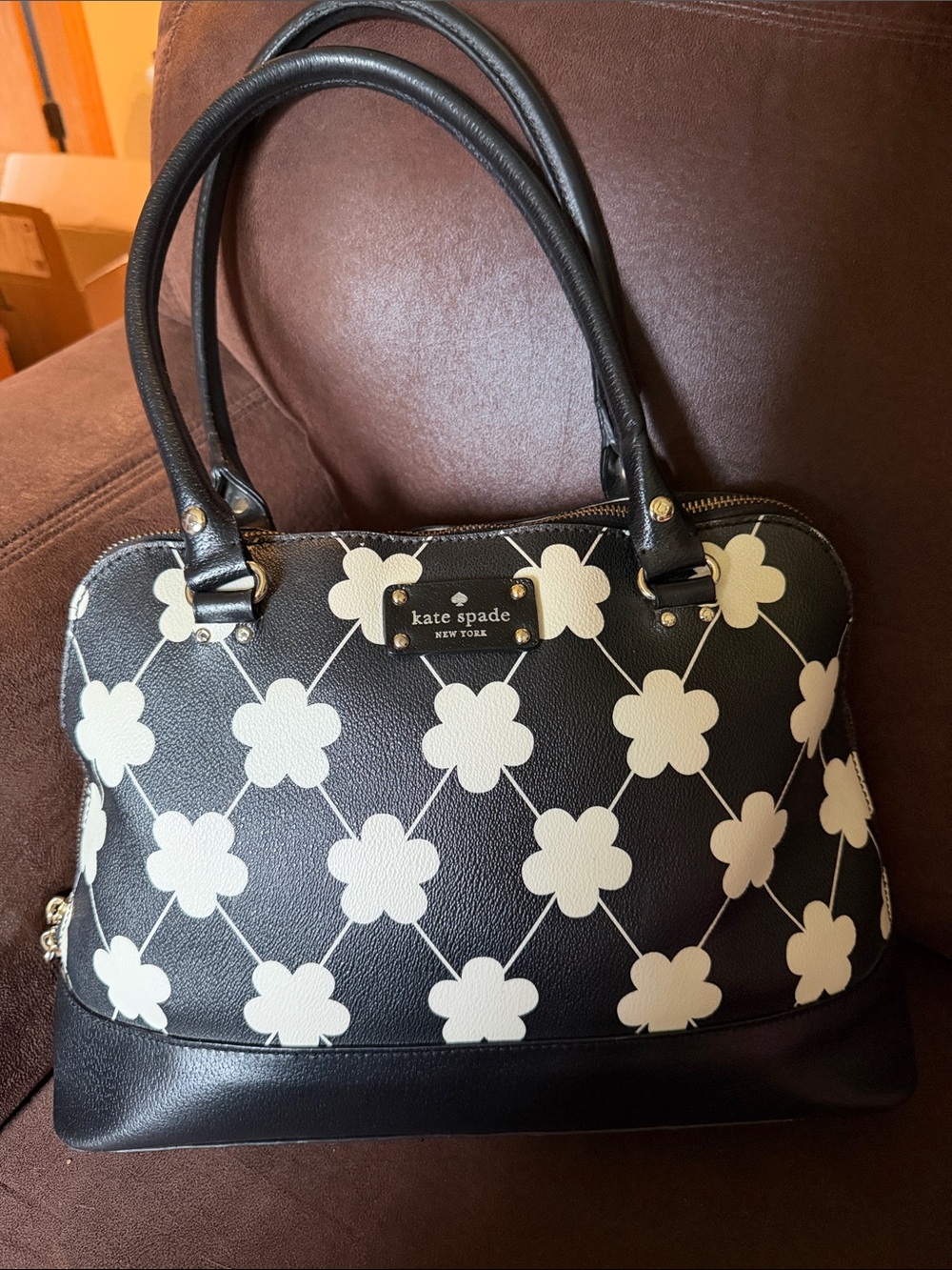 kate spade Black and White Floral Dome Satchel — Clover Pattern